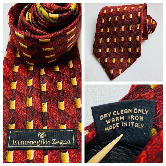 Ermenegildo Zegna Necktie Mens  Designer Silk Tie Red Yellow Office Professional - Picture 1 of 14
